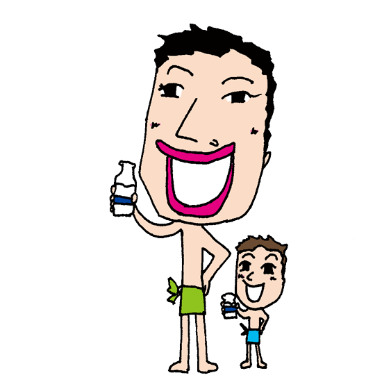 【無料イラスト素材】銭湯のお風呂上りに牛乳を息子と飲むおじさん