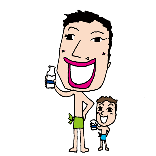 【無料イラスト素材】銭湯のお風呂上りに牛乳を息子と飲むおじさん