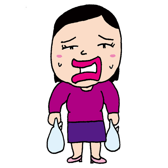 【フリーイラスト素材】重い買い物袋を運ぶおばさん