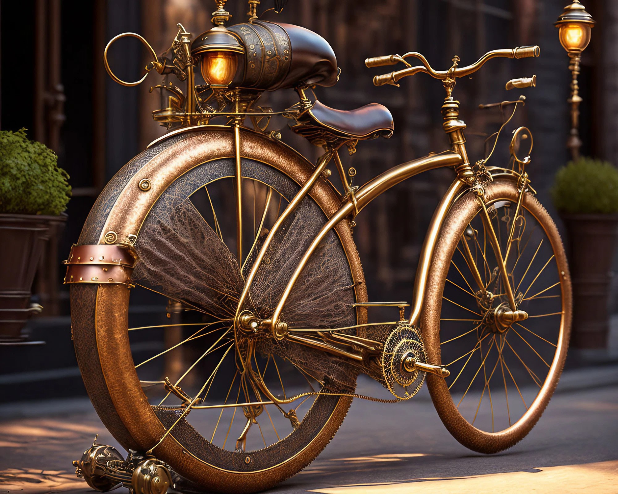 スチームパンクのかっこいい自転車と町
