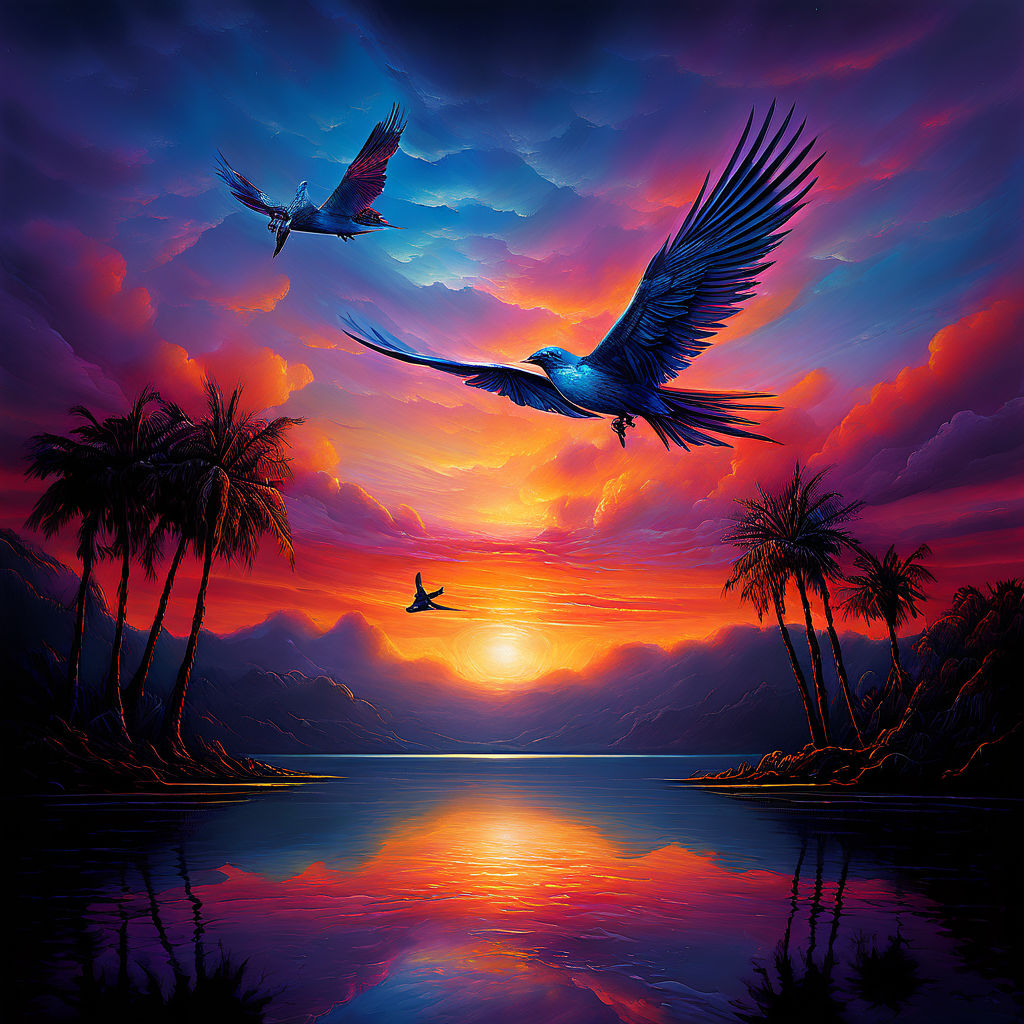 美しい夕日と湖を飛ぶ鳥と癒しのヒーリングな無料壁紙画像