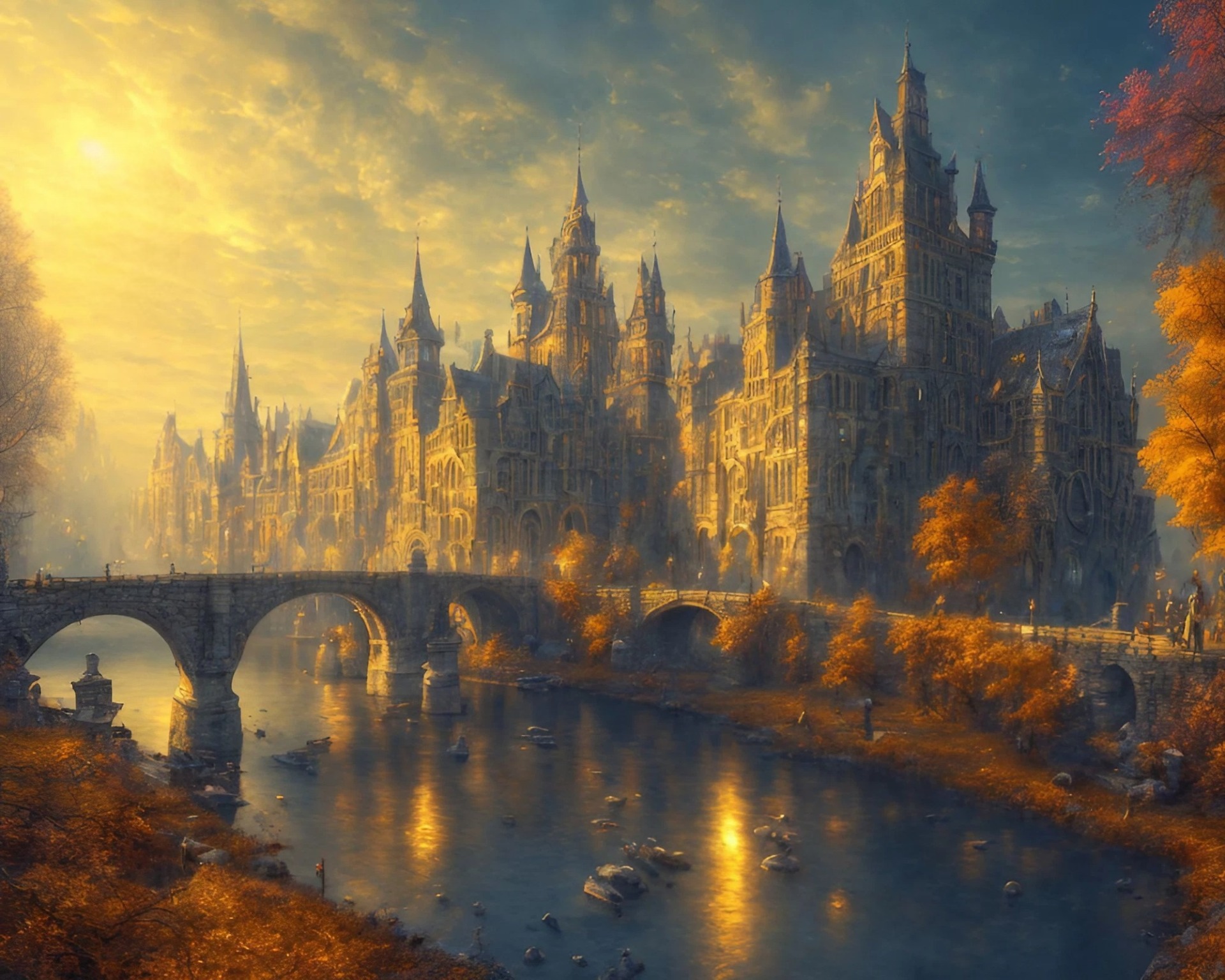 中世のファンタジーな西洋のお城と朝日のかっこいい橋の美しいリアルイラスト風景無料画像素材