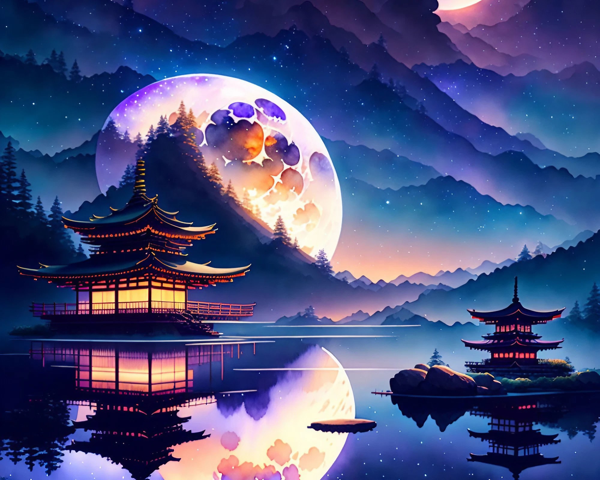 江戸時代の城と山々と美しい湖と美しい夜空と灯篭と月明かり無料壁紙画像