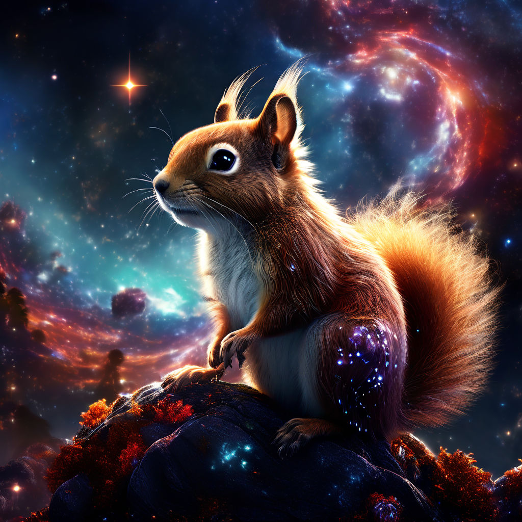 煌めく宇宙と星々の小動物のリスとファンタジーな無料画像素材