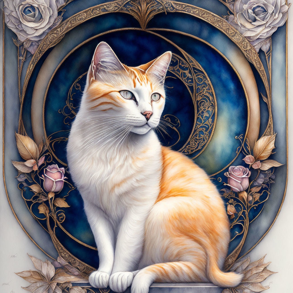 かっこいい&美しいポーズで佇む白い三毛猫と花のリアルフリーイラスト