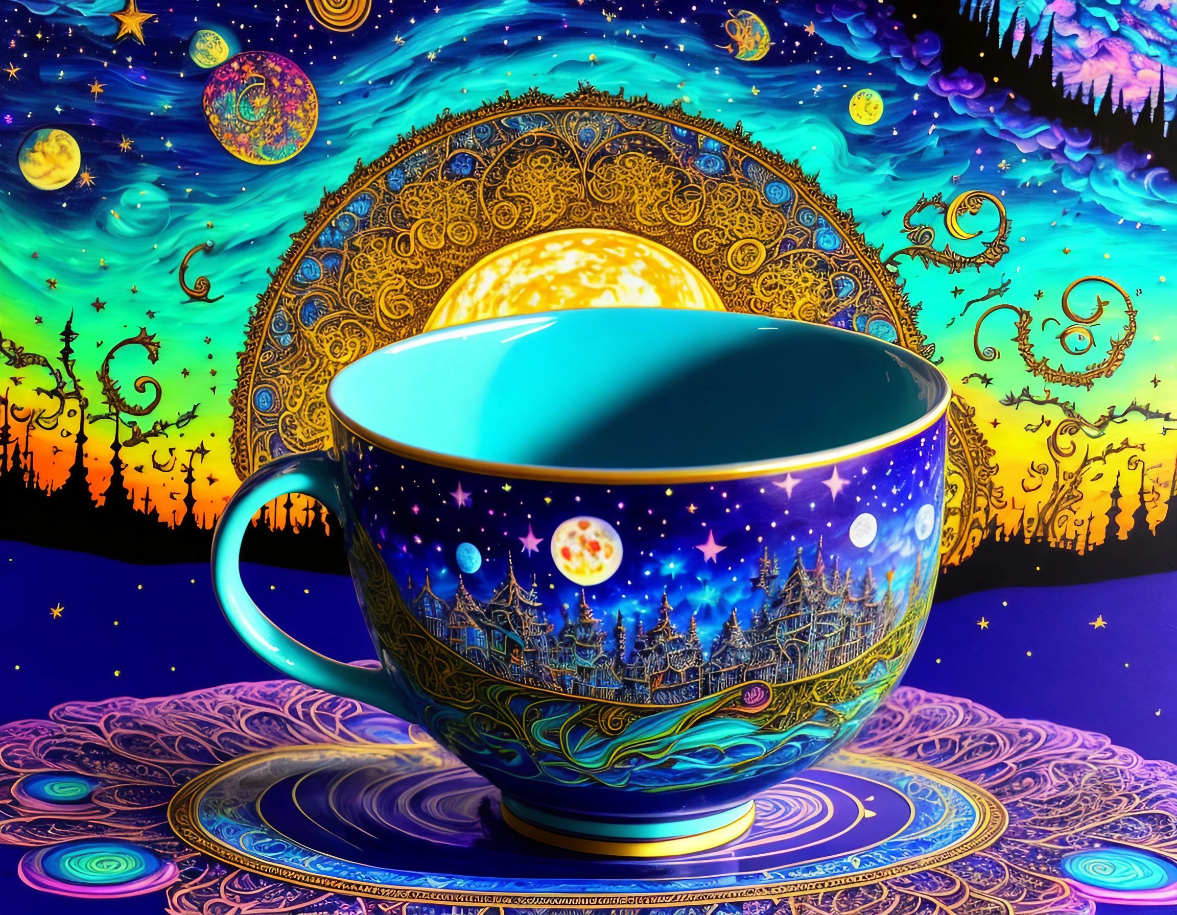 かわいいリアルでファンタジーな夜空と星空のコーヒーカップの水彩画のフリーイラスト
