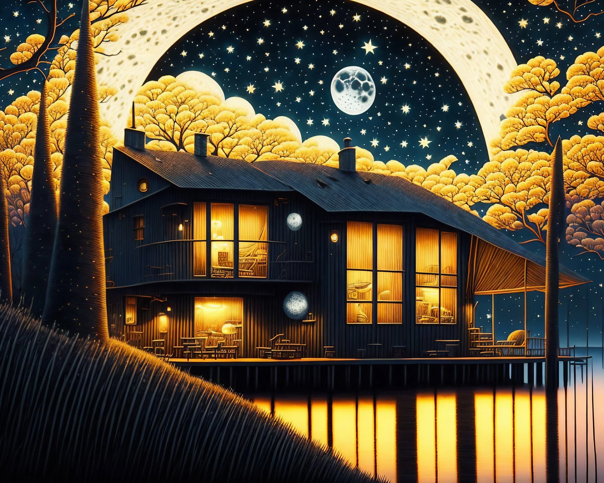 メルヘンでファンタジー風の夜空と川辺の家と絵本風の絵画