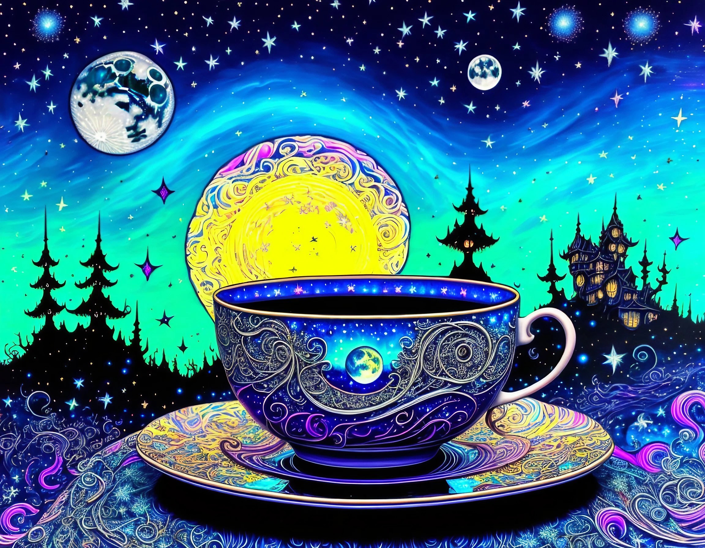 夜空と星空のカラフルコーヒーカップのファンタジーな水彩画のフリーイラスト