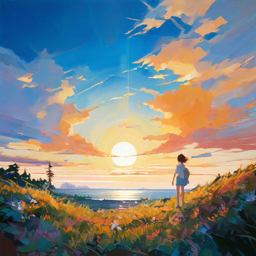 朝焼けの山で佇む少年とオレンジ色の雲の美しい無料風景イラスト画像