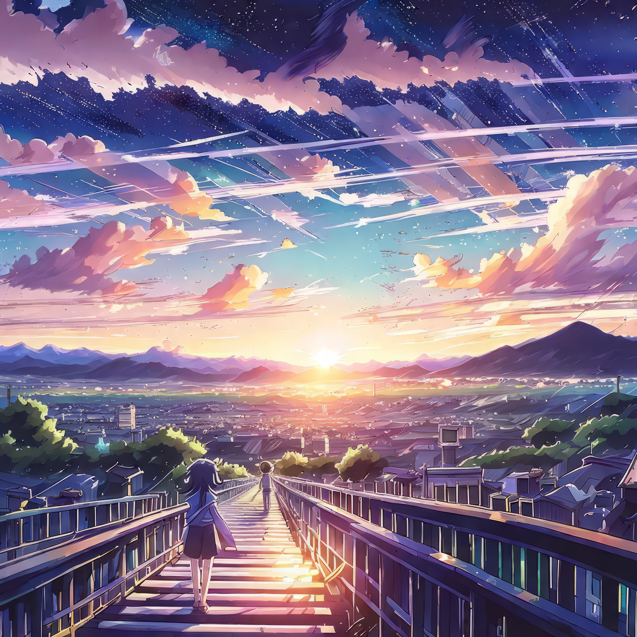 橋の美しい夕日ときれいな広がる街並みと雲の少年少女のフリーイラスト壁紙素材