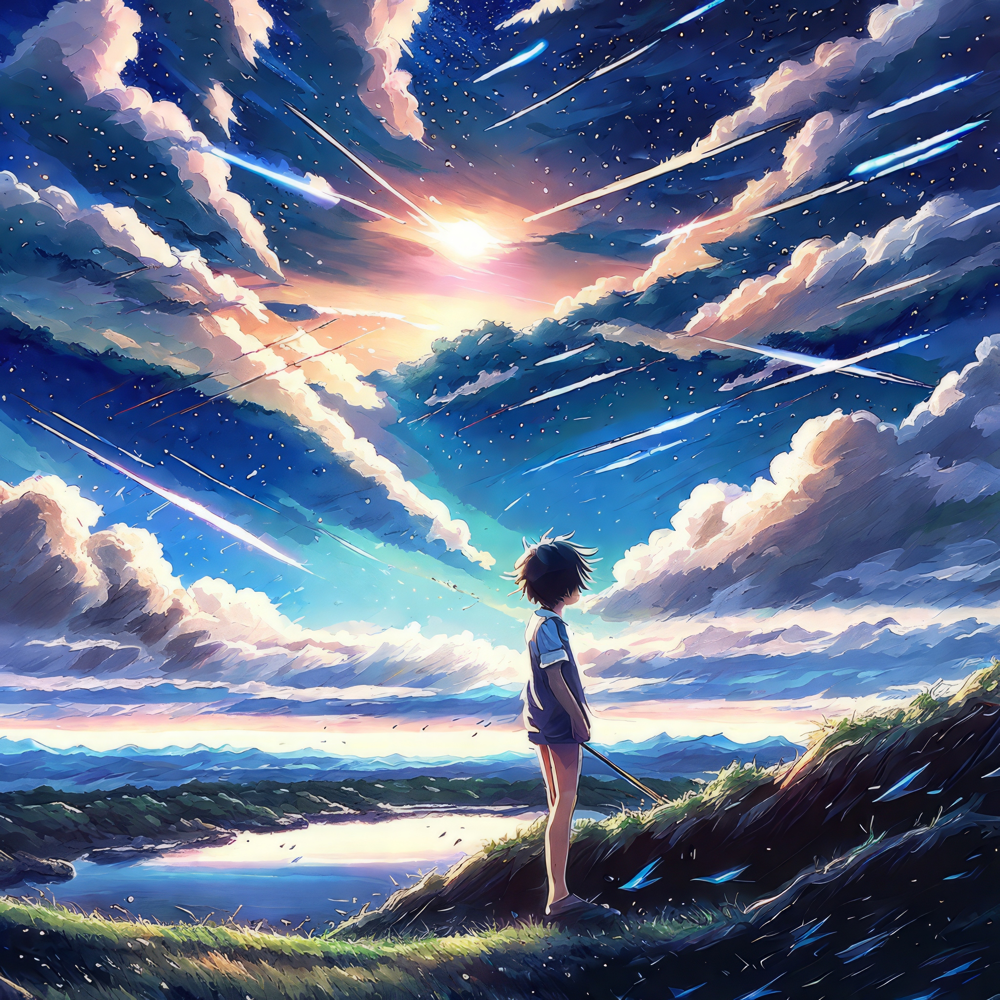 美しい青い空と流れる星と少年の君の名はのような景色のフリーイラスト