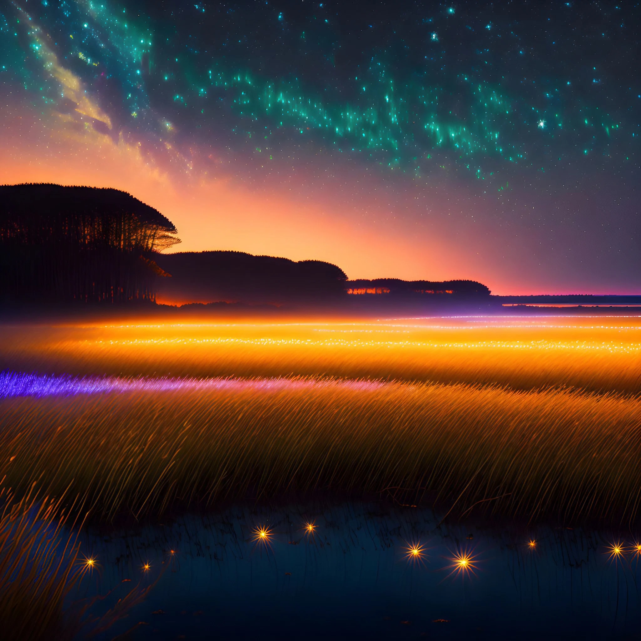 夕暮れと夜空の輝く星々と田舎の畑の中の蛍