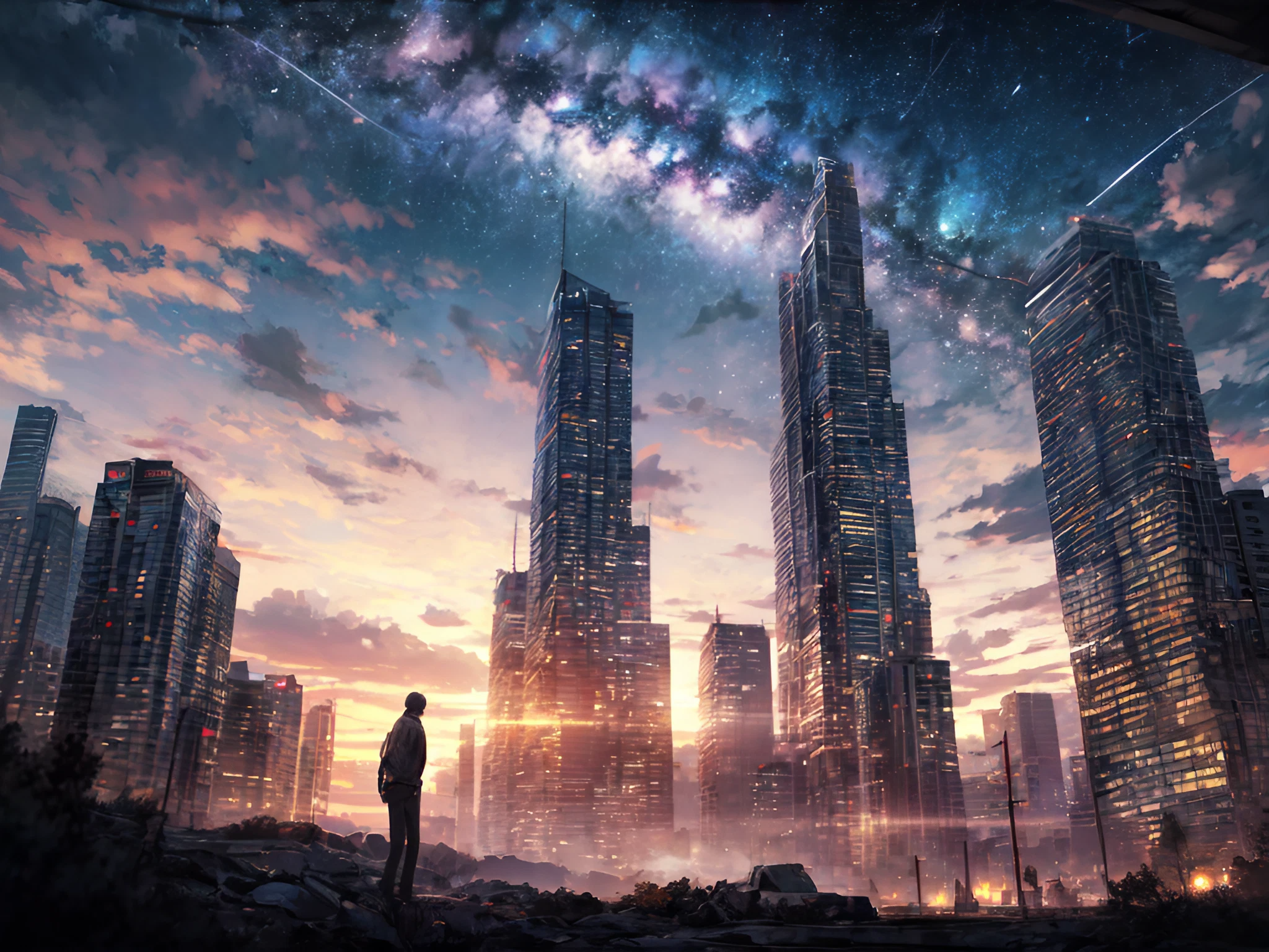 美しいオーロラと大都市のビル群の夕暮れと煌めく星空のフリーイラスト素材_1