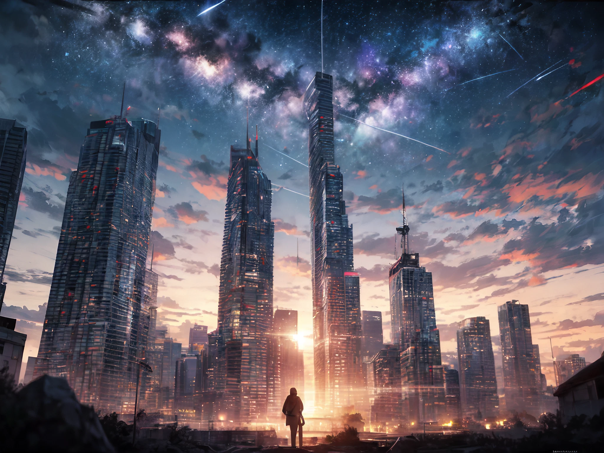 美しいオーロラと大都市のビル群の夕暮れと煌めく星空のフリーイラスト素材_2