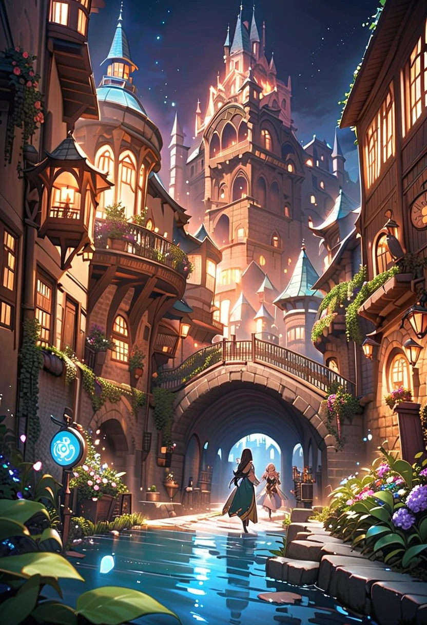 中世のファンタジーなお城と美しい川辺の町並みの風景無料画像素材