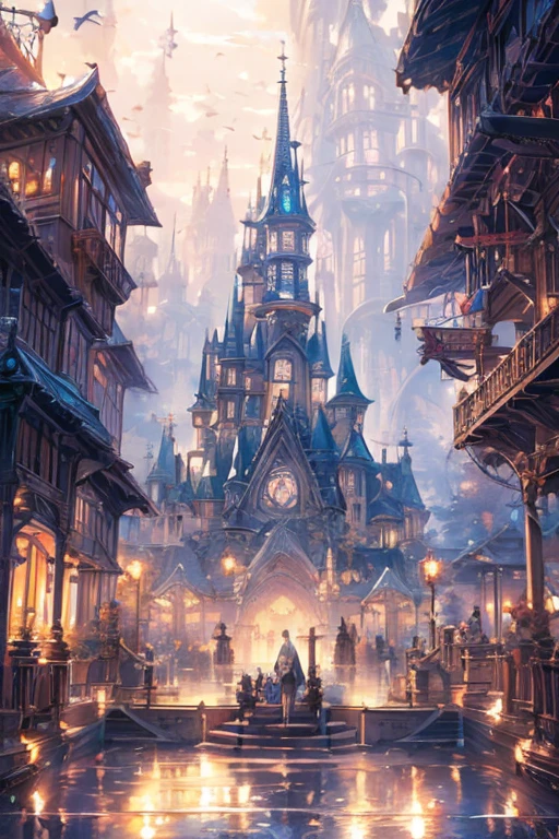中世のファンタジーな城下町とお城の幻想的な風景無料画像素材