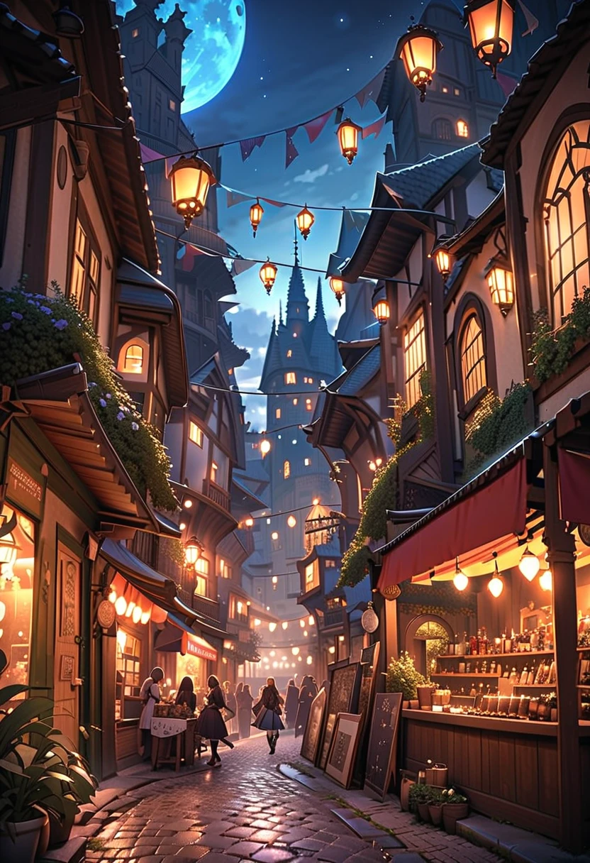 中世のファンタジーな夜の街並みと美しい外套の癒しの風景無料画像素材