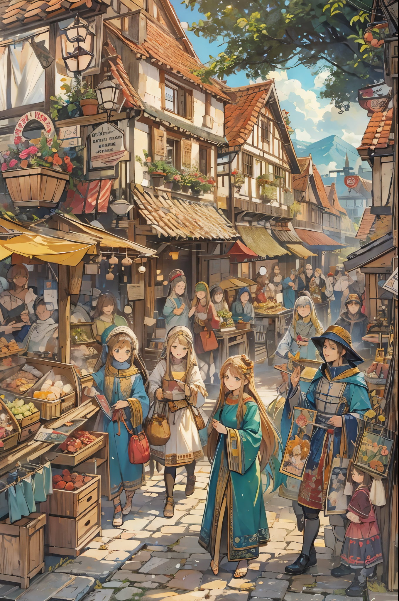 中世のファンタジーな街並みの美しいリアルイラスト風景無料画像素材