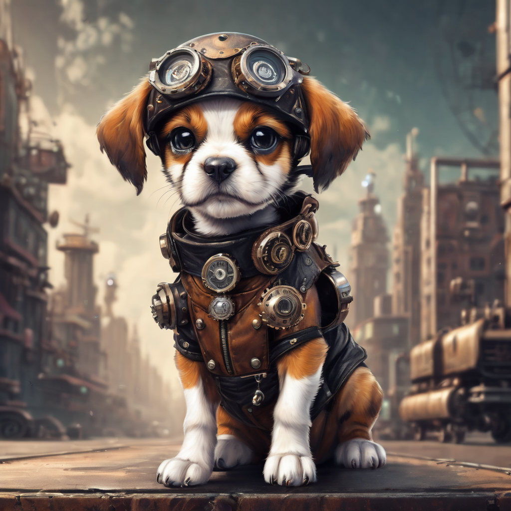 かわいい子犬とファンタジーのスチームパンクと中世の機械仕掛けのロボットのオシャレな無料イラスト壁紙素材