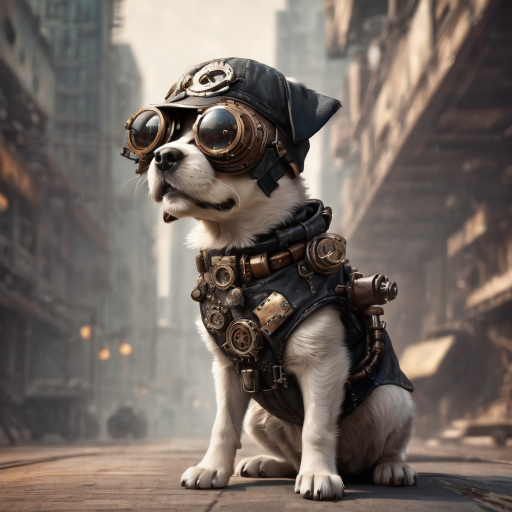 かわいい眼鏡をかけた子犬のスチームパンク風の機械とマシーンのロボットの無料リアル写真風の素材