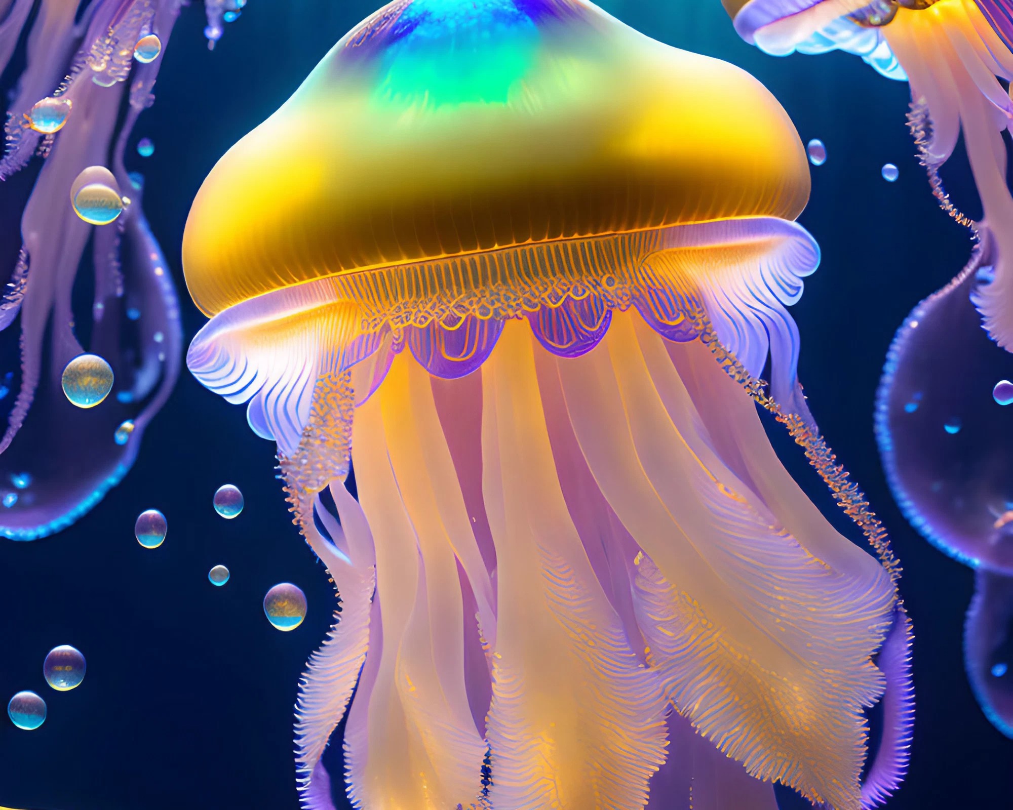 海中を泳ぐかっこいいネオンのクラゲと虹色の泡とカラフルな深海の無料背景壁紙画像
