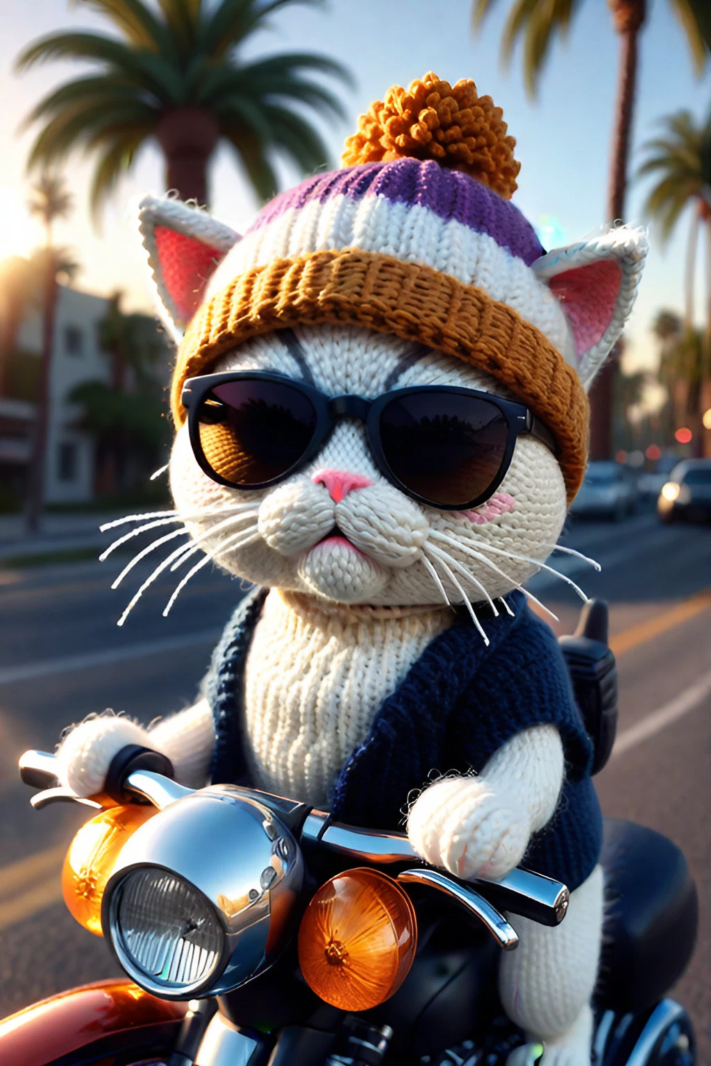 バイクに乗るかっこいいサングラスのぬいぐるみ白猫の3Dと写真風イラスト