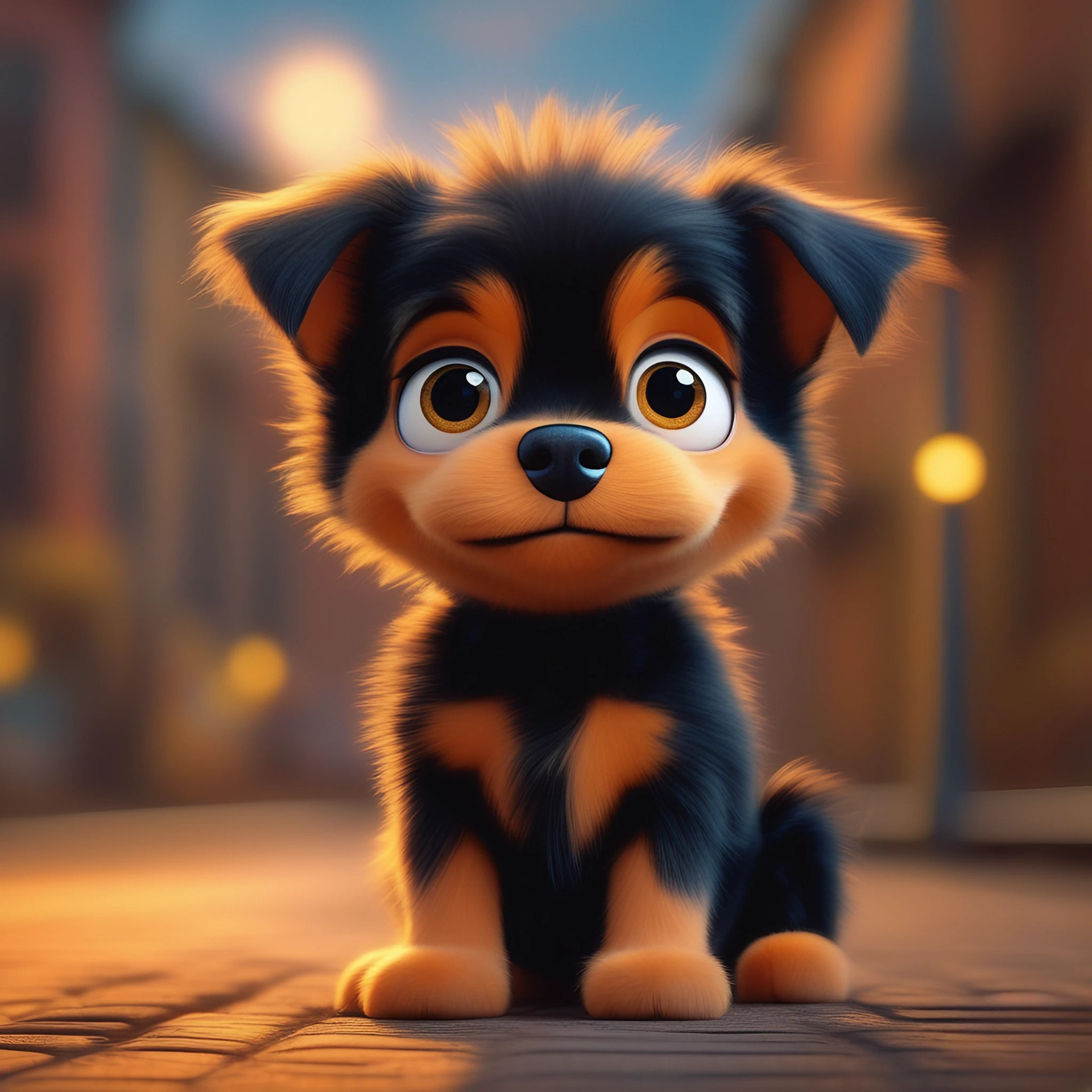 ピクサー風のかわいい子犬の笑顔と西洋の夕暮れの街並みと癒される動物の無料3D風画像素材