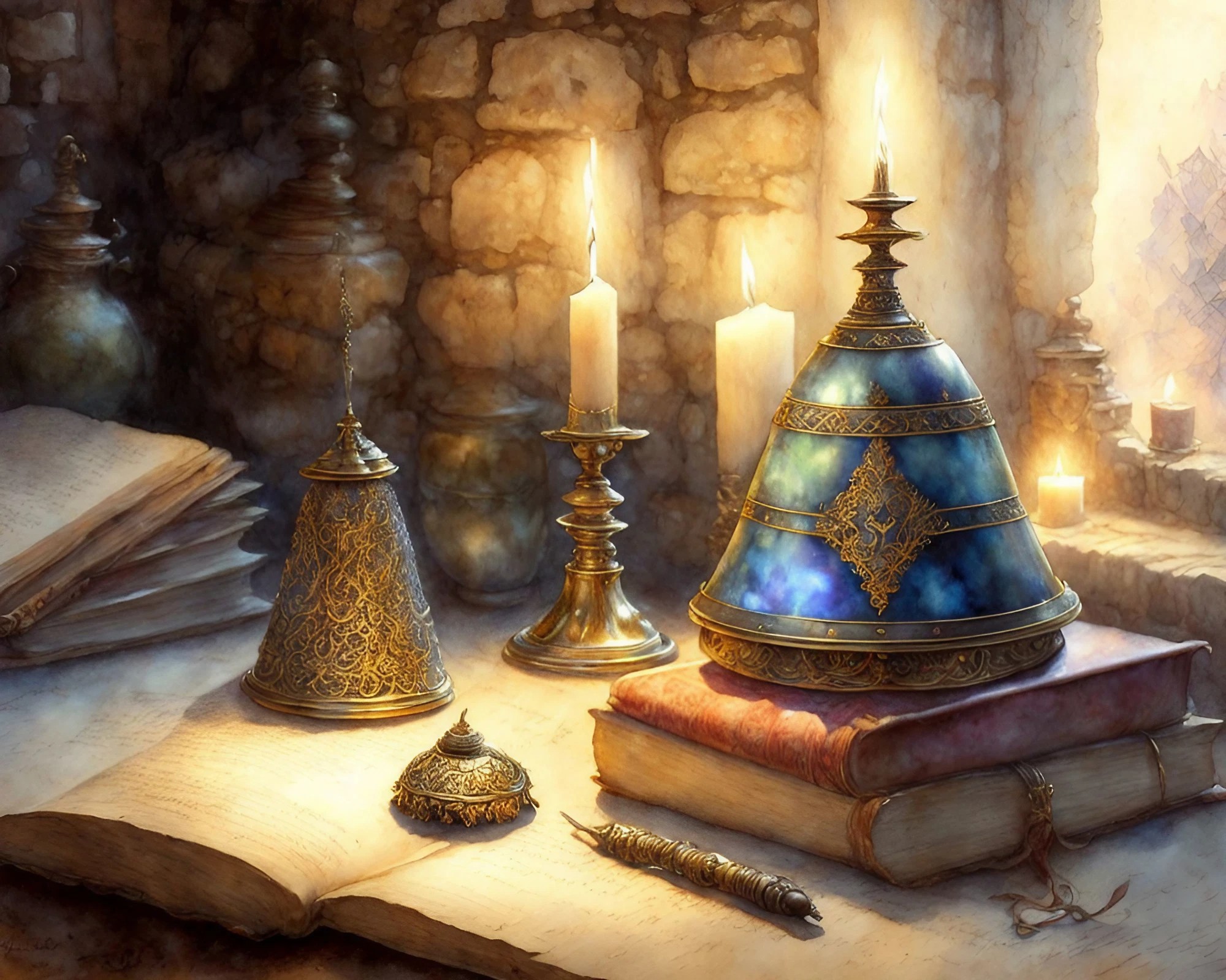 童話の魔法の家のファンタジーなキャンドルと教会の鐘の無料壁紙画像
