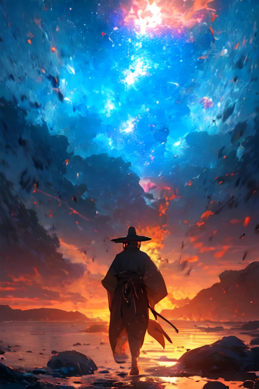 オーロラの月夜と炎の夕日と侍の後ろ姿の幻想的な癒しのファンタジー風スマホ壁紙画像素材_01