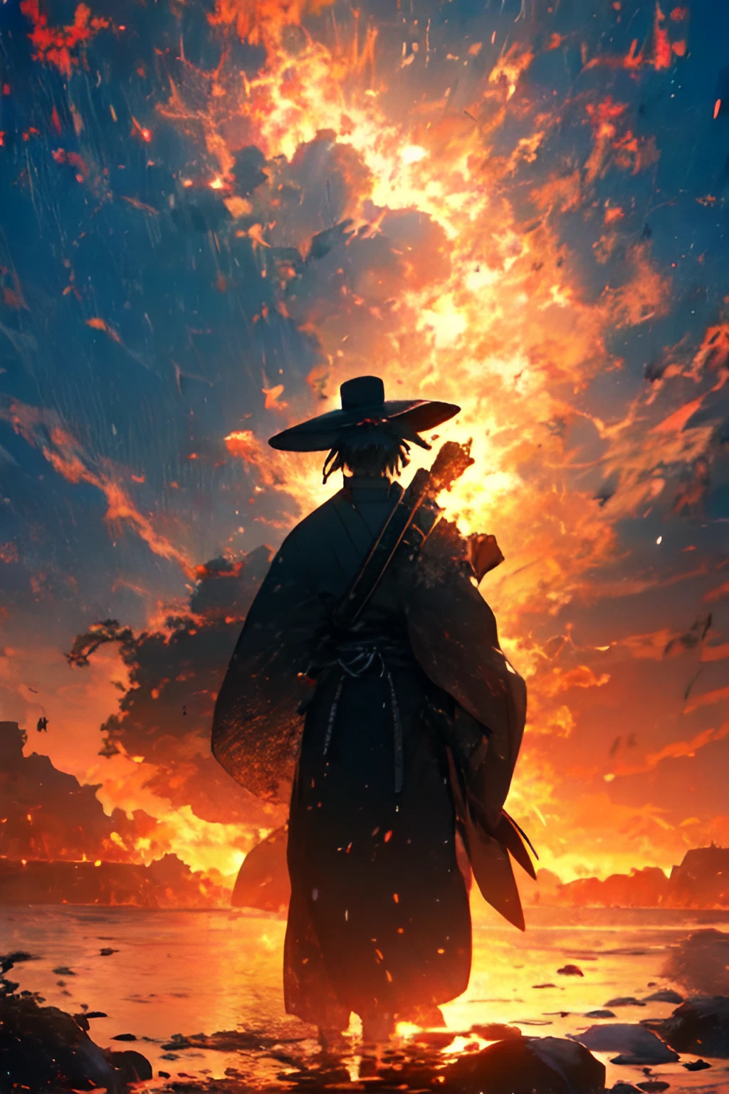 オーロラの月夜と炎の夕日と侍の後ろ姿の幻想的な癒しのファンタジー風スマホ壁紙画像素材_02