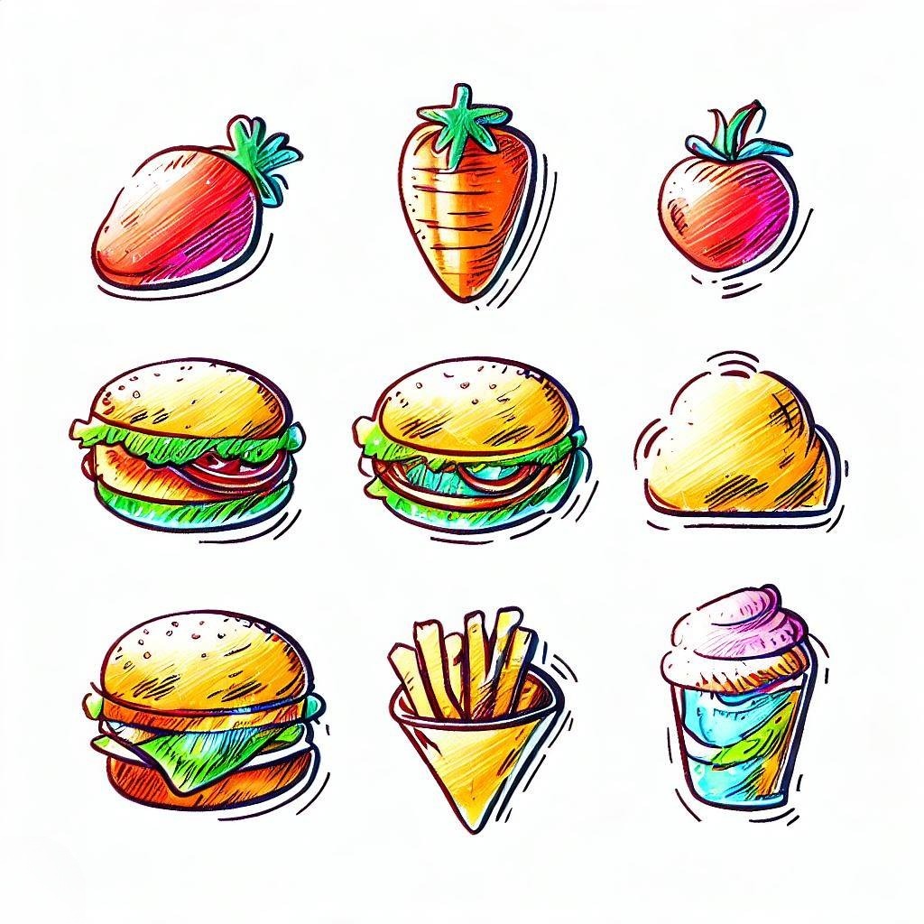 カラフルカラー漫画風のかわいい食べ物アイコンの無料素材
