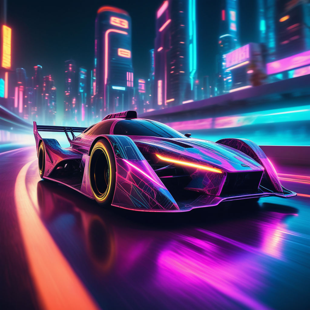 ネオンのスーパースポーツカーとSF近未来のサイバーパンクな街並みの道路の無料イラスト画像