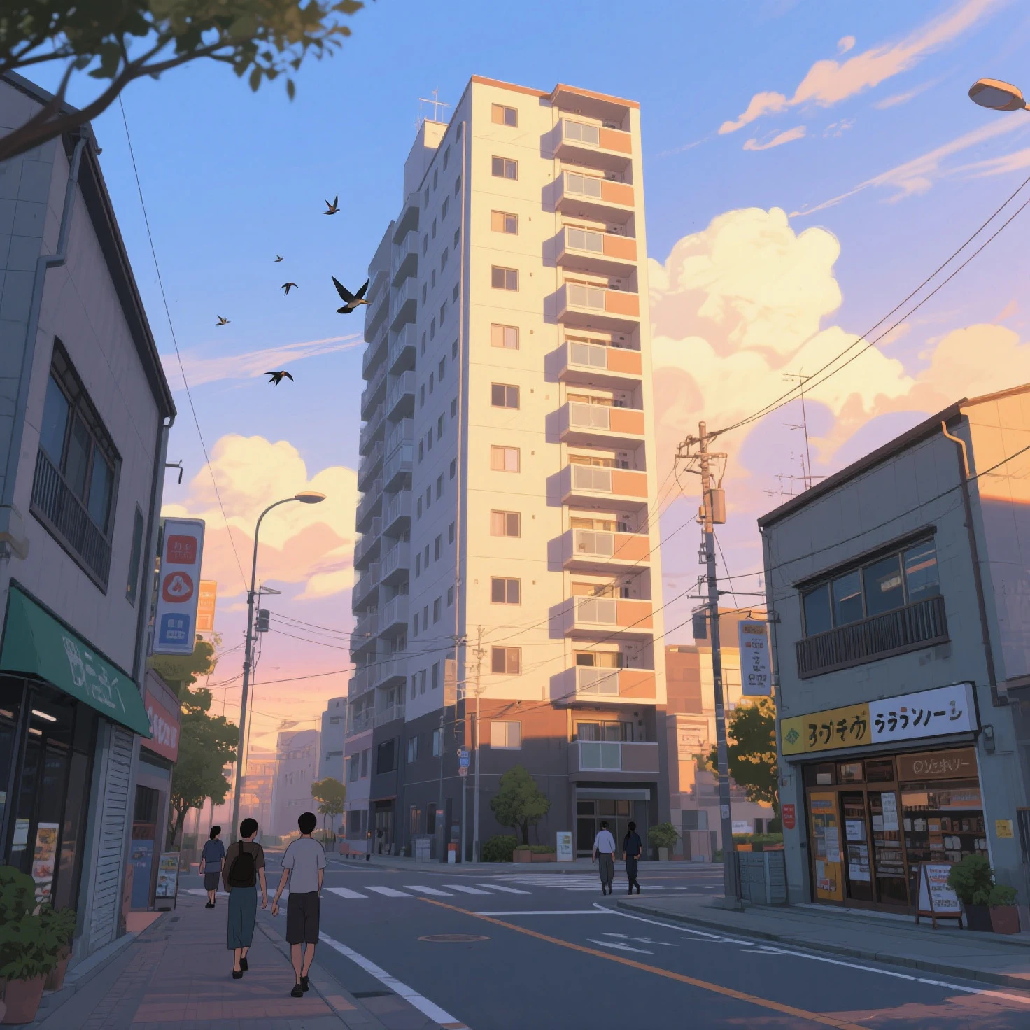 夕暮れの陽ざしの中の美しい街並みと綺麗な夕暮れの空と飛ぶ鳥01