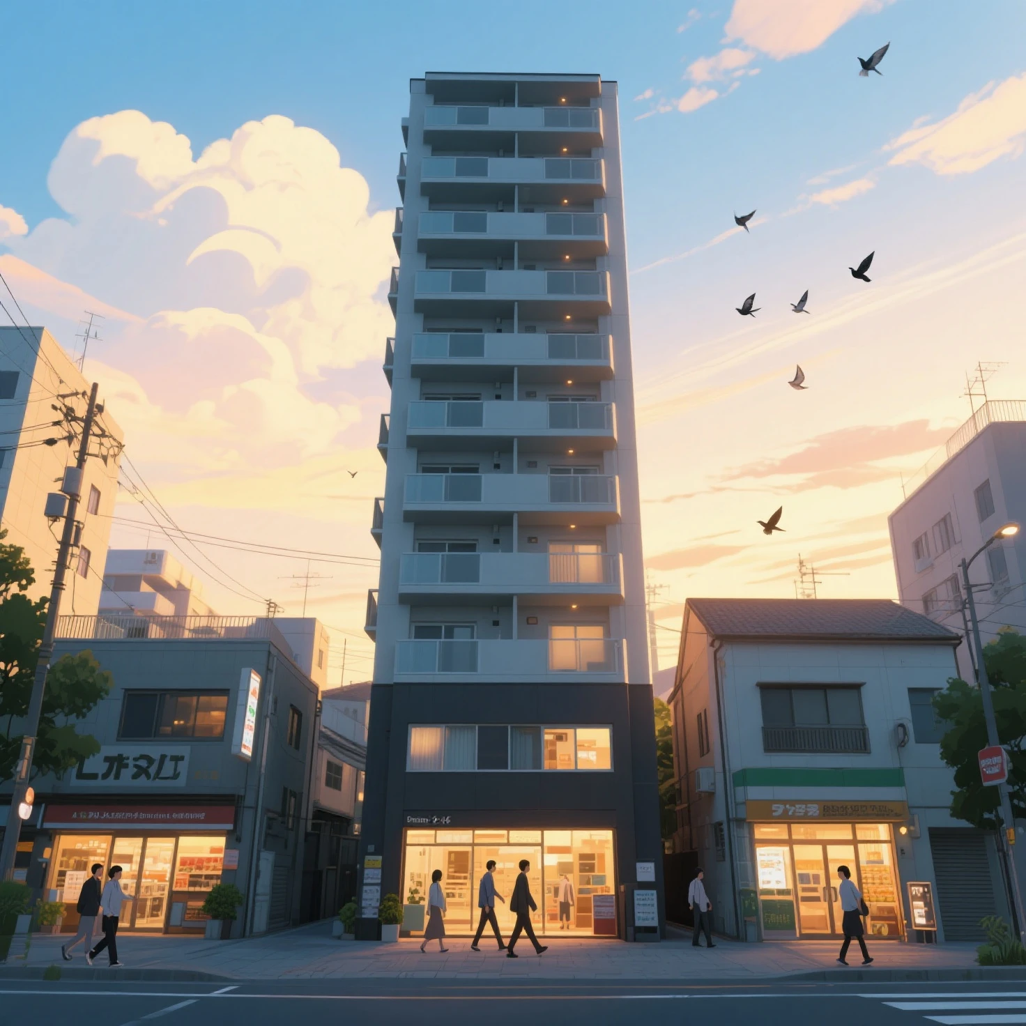 夕暮れの陽ざしの中の美しい街並みと綺麗な夕暮れの空と飛ぶ鳥02