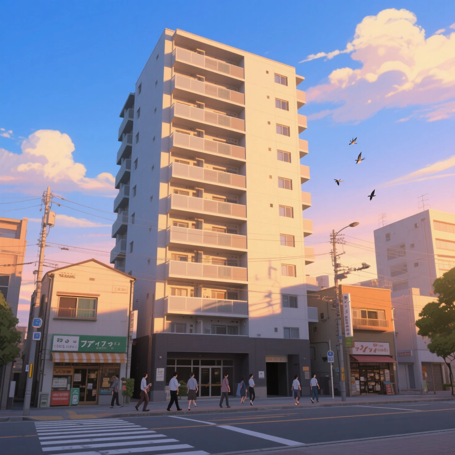 夕暮れの陽ざしの中の美しい街並みと綺麗な夕暮れの空と飛ぶ鳥03