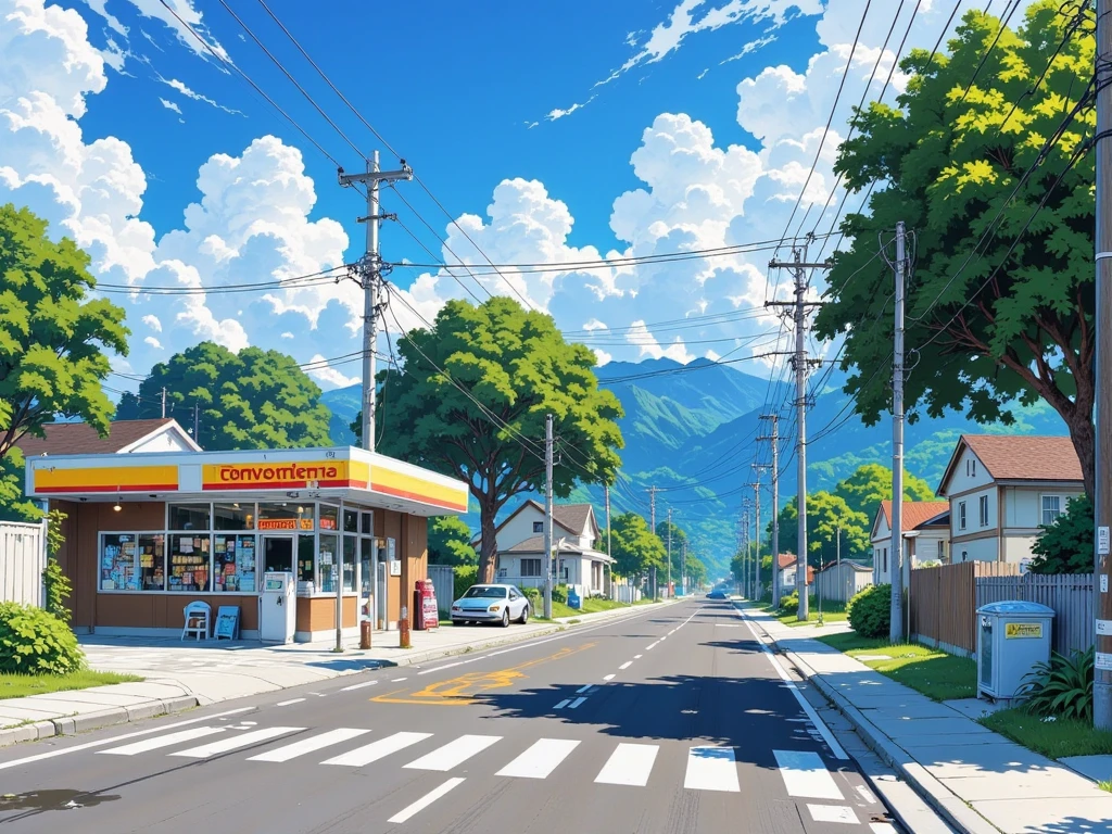 日本のコンビニと田舎道の美しい風景ときれいな青い空01