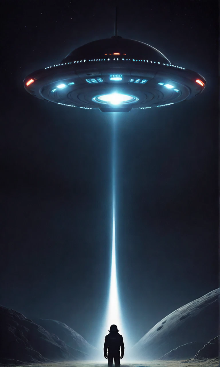 深夜に青白く光る宇宙人の宇宙船を目撃する少年の映画のようなリアルなシーンのスマホ壁紙
