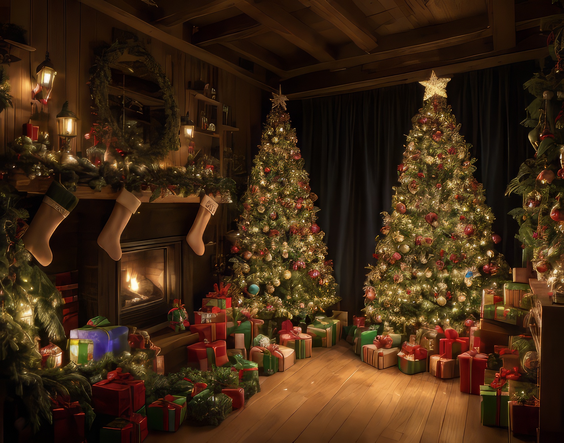 クリスマスの子供部屋のオシャレでかわいいイルミネーションの無料リアルイラスト