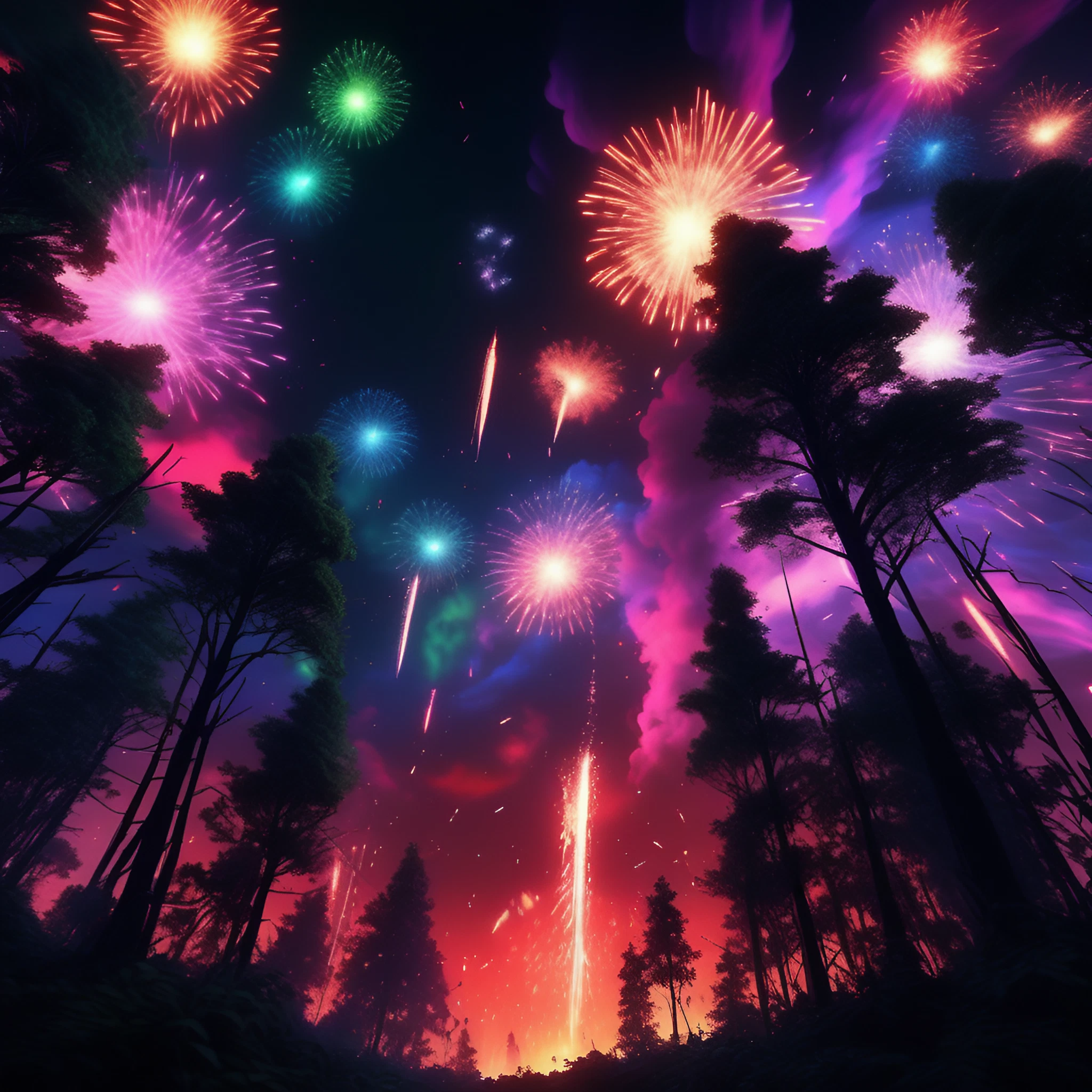 山奥の夜空とカラフルで美しい無数の花火と幻想的な無料リアルイラスト素材