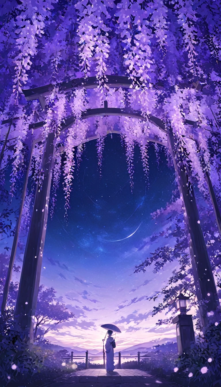 美しくかっこいい夜桜と着物姿の傘を持つ女性と神社の幻想的な風景のスマホ壁紙