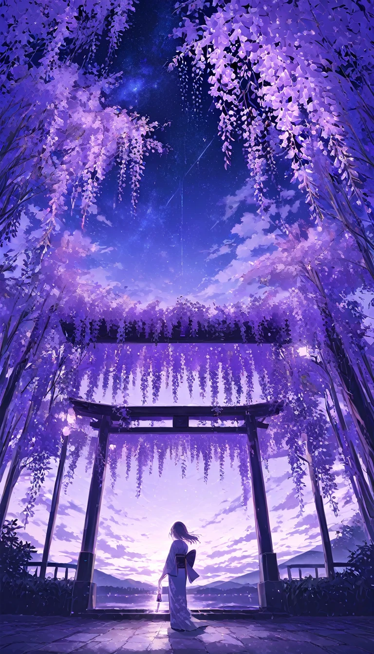 美しくかっこいい夜桜と鳥居と神社の幻想的な風景のスマホ壁紙