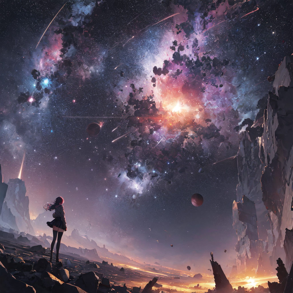 ファンタジーな異世界の美しい夜空と銀河と地平線の金色の光の無料イラスト壁紙画像_02