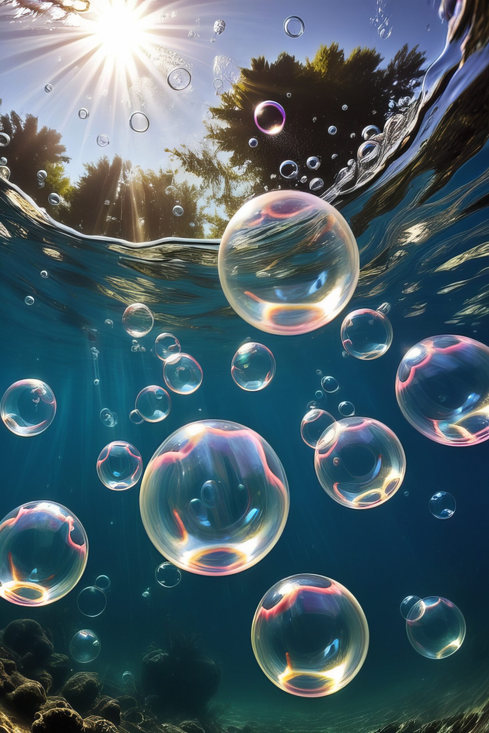 幻想的に光る海の泡と海中から見上げる景色のフリーなスマホ壁紙素材