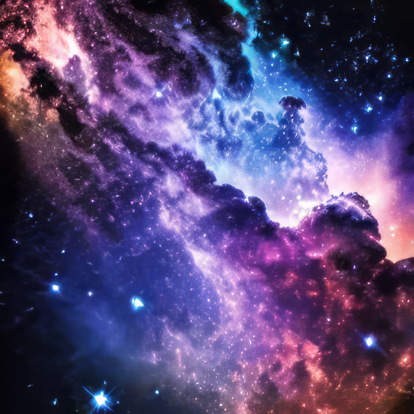 燃えるような宇宙のネブラと星々のカラフルで幻想的な風景の癒される景色の無料壁紙画像素材
