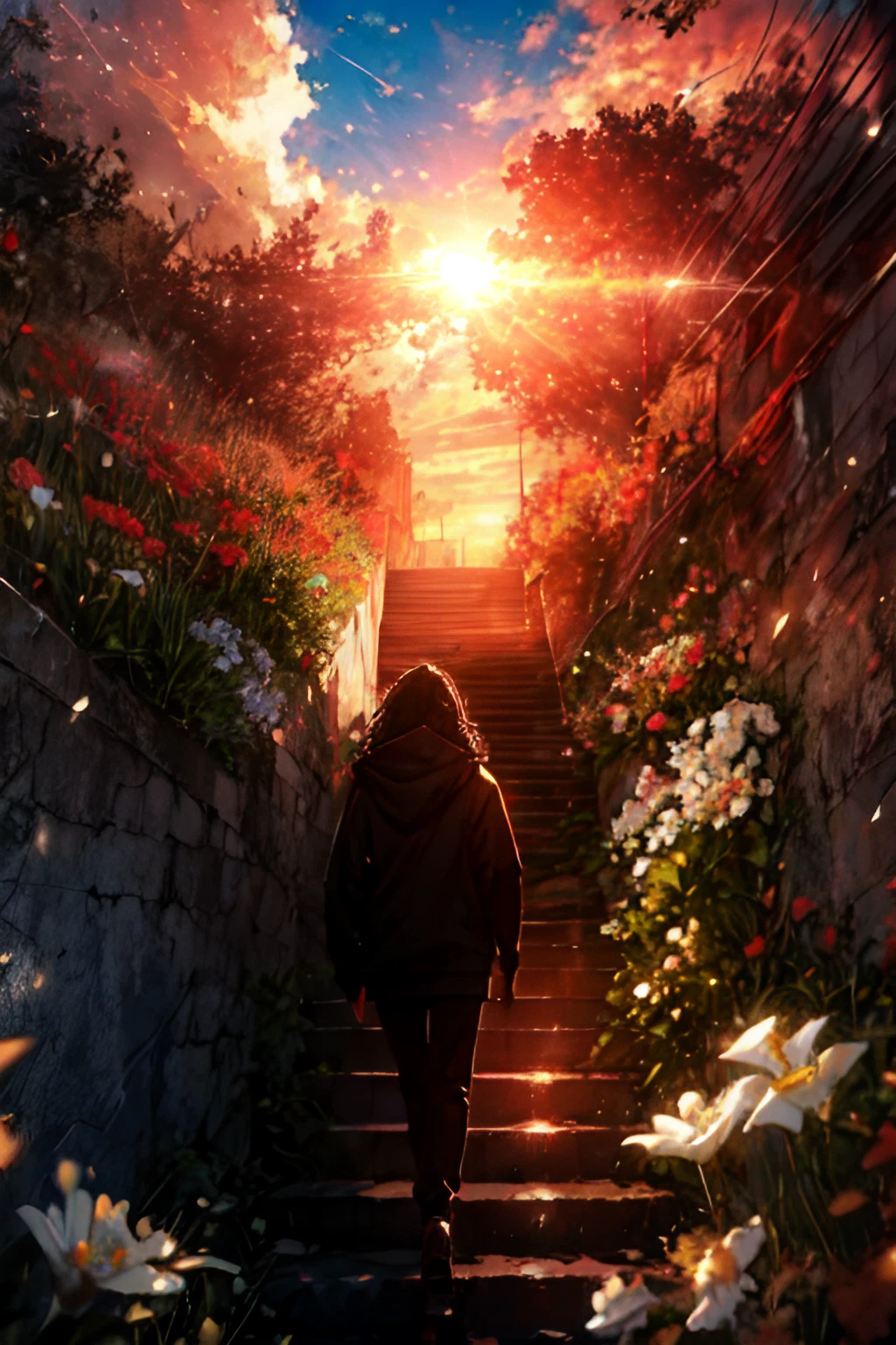 美しい夕日と階段を上る人影と夕焼けに輝く太陽と青い空の綺麗なフリーイラスト