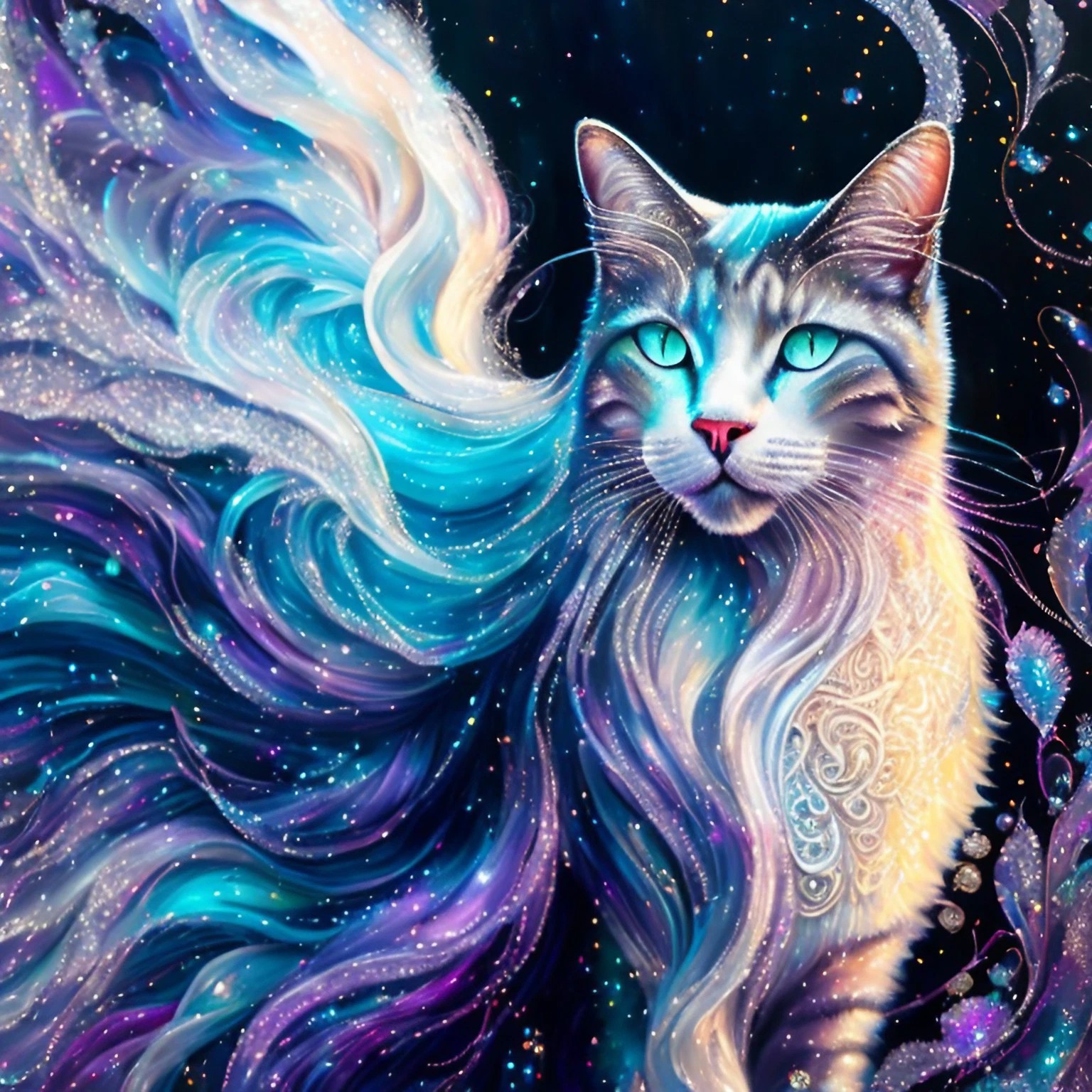 暗闇の中美しく輝く虹色の猫&神秘的な雰囲気の幻想的な生き物のリアルイラスト画像素材