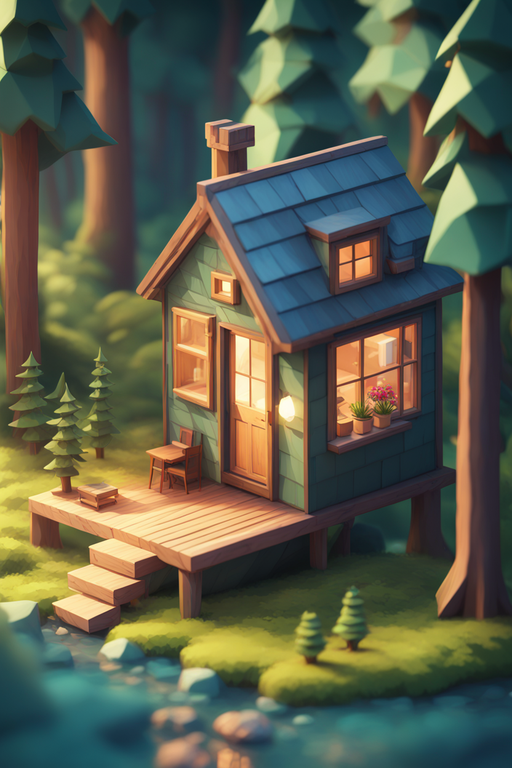 3Dローポリンゴンのミニチュア風のオシャレな山小屋の夜の風景