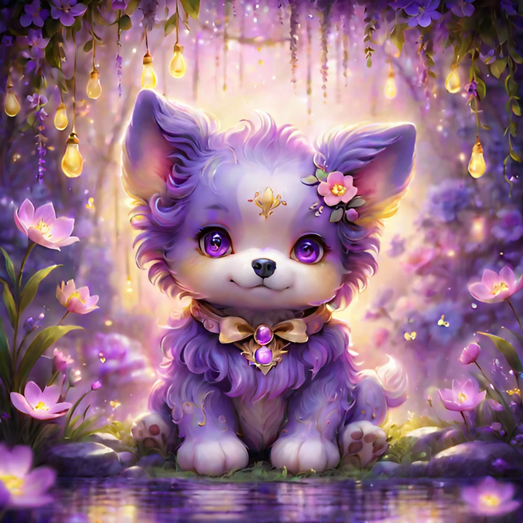 超かわいいピンク紫の子犬の妖精&乙女な花々と幻想的な小動物の無料アートイラスト素材