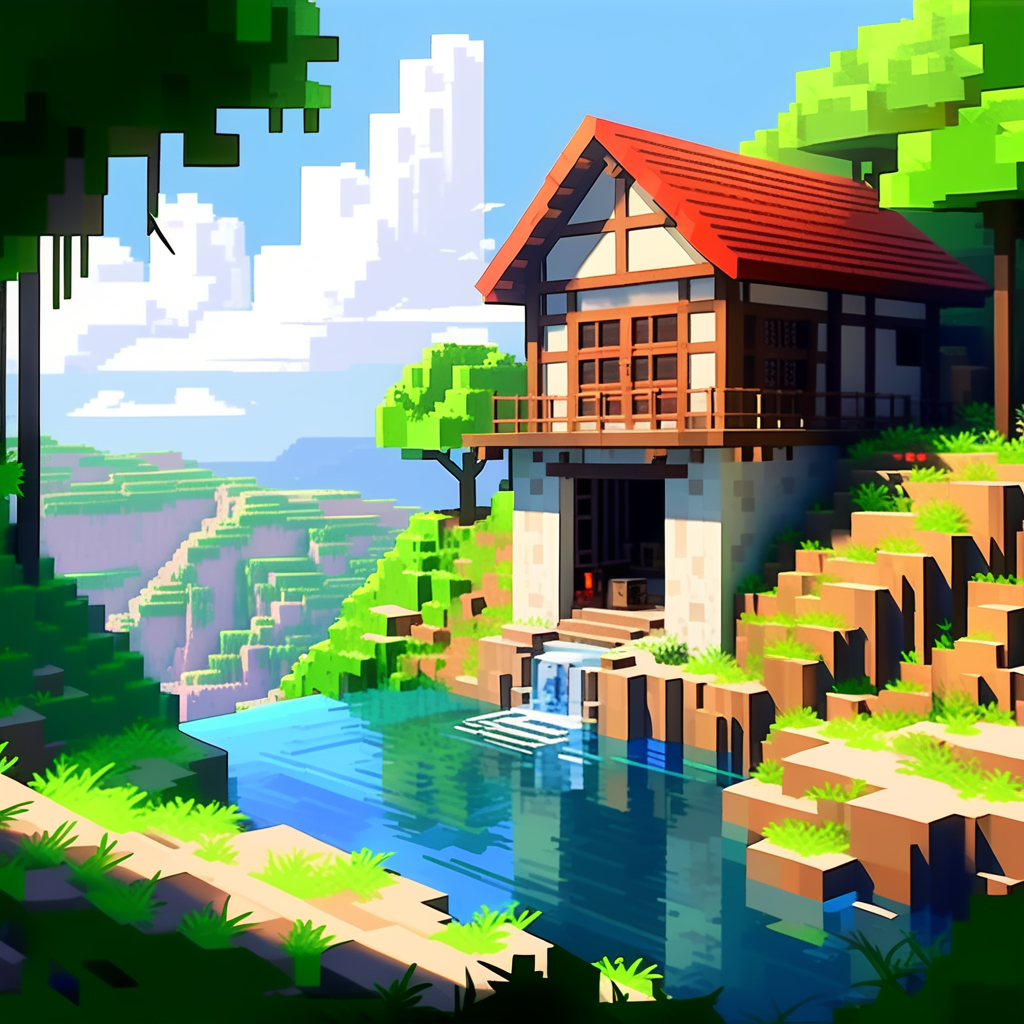 かっこいいマインクラフト風の山と小屋の美しい景色のボクセル3Dのローポリゴンの無料背景素材画像
