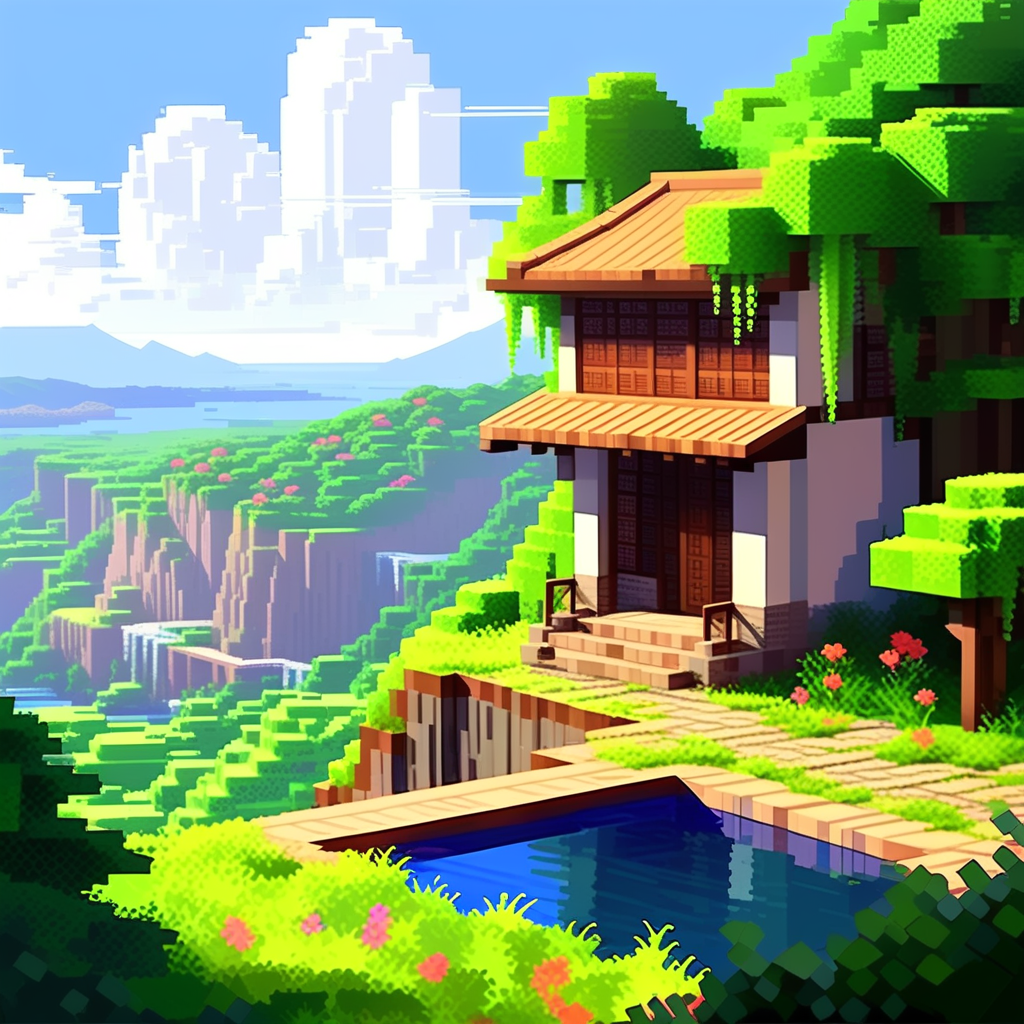 マインクラフト風のボクセル3Dの山小屋